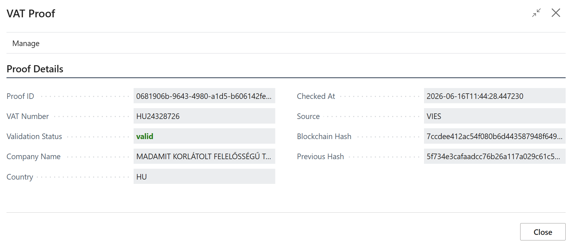 Tamper-evident VAT validation proof record with source, timestamp and hash chain