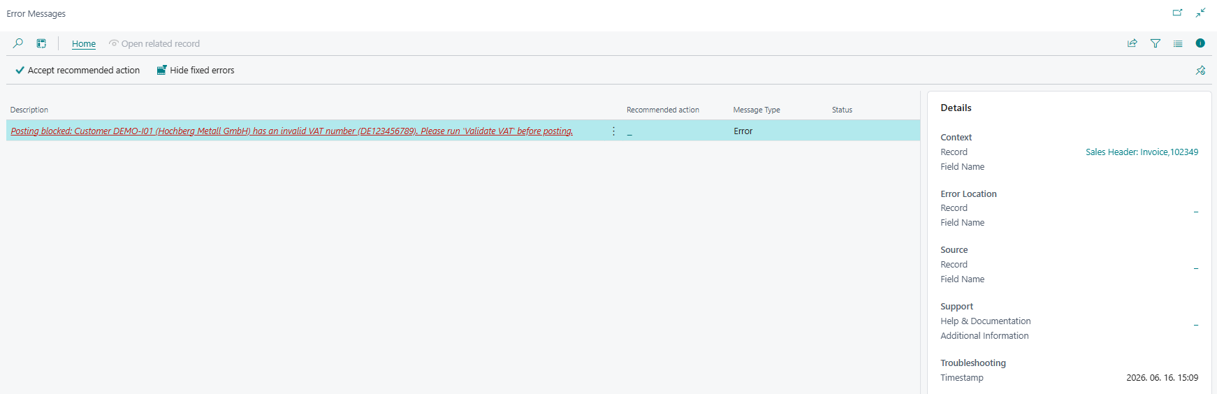 Business Central posting blocked because a customer has an invalid VAT number