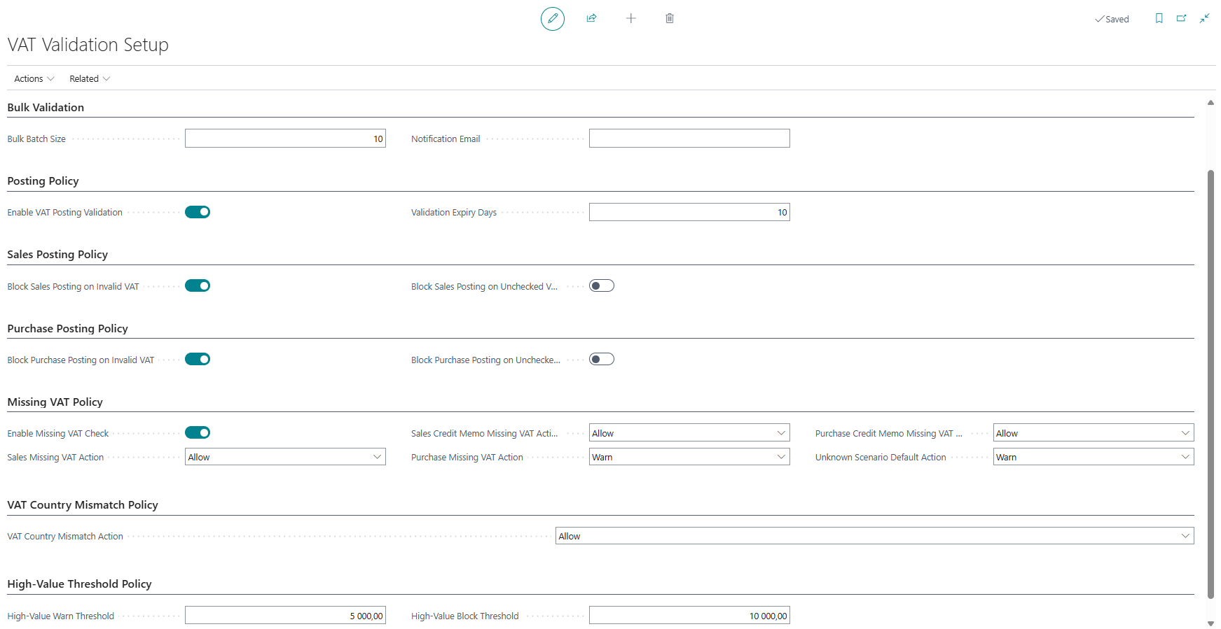 VAT Compliance Suite setup showing configurable posting and missing-VAT policies